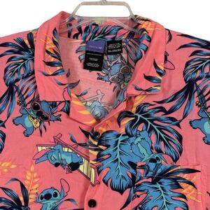 Disney Stitch Button Down Shirt Mens 3XL Pink Tropical Rayon Hawaiian Camp